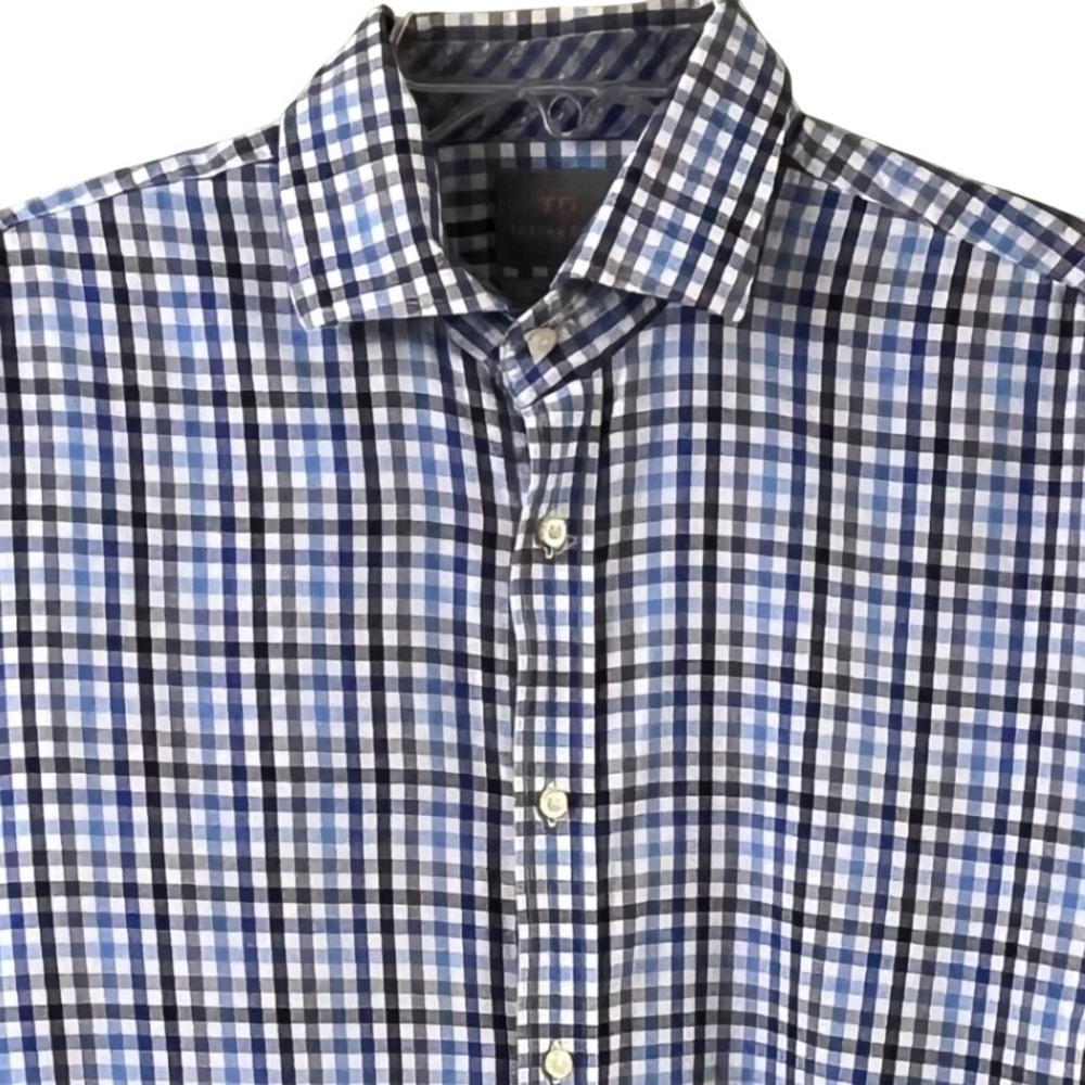 Thomas‎ Dean Blue Brown Small Check Long Sleeve Pima Cotton Shirt Large Men's